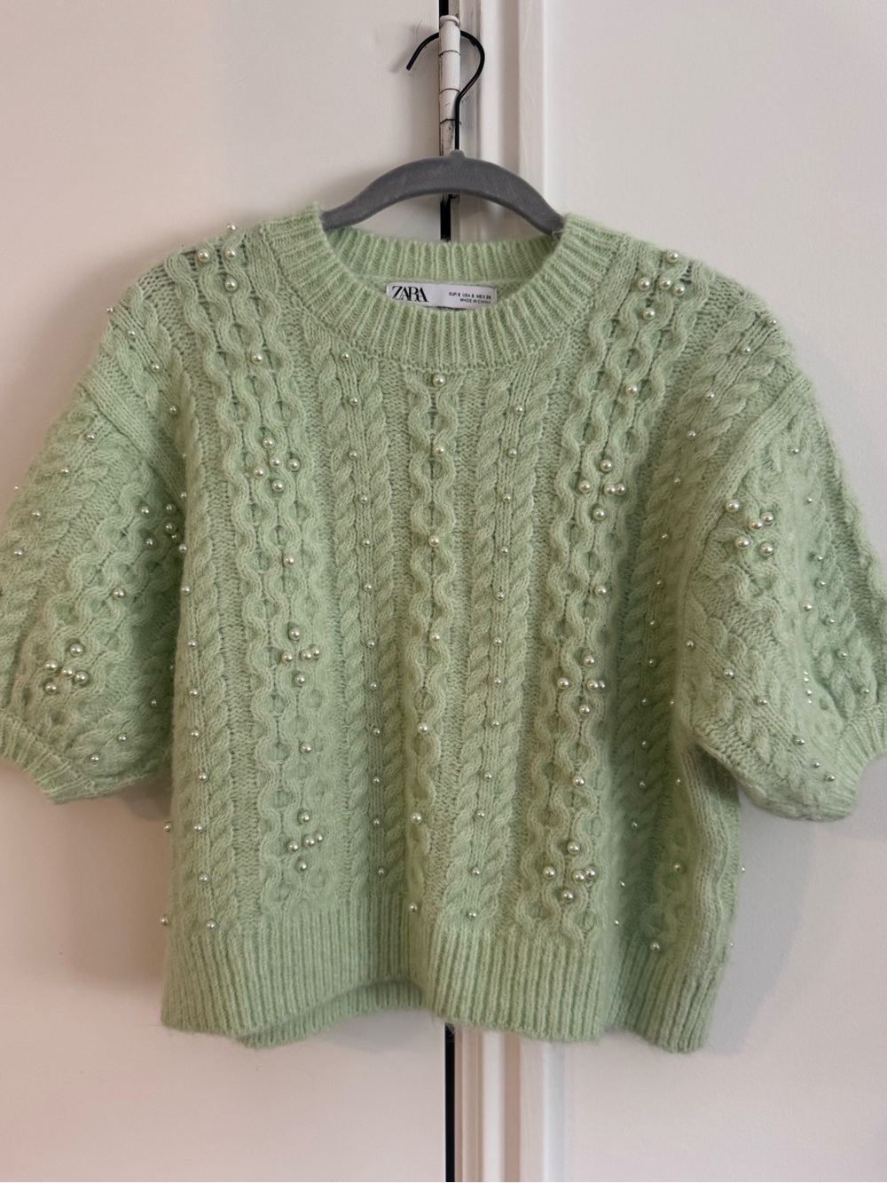 Zara Pale Green Cable-Knit Pearl-Embellished Sweater